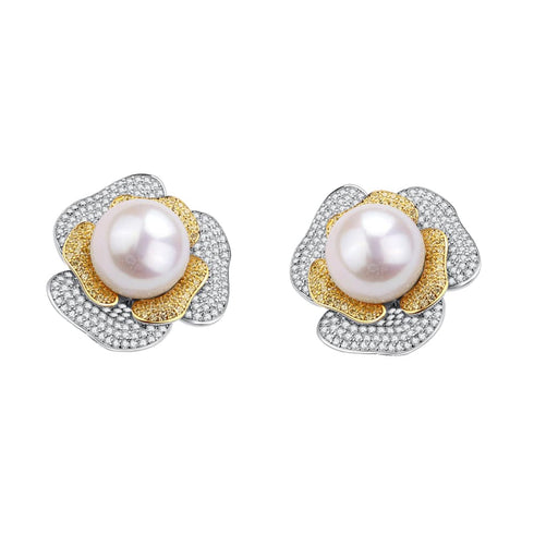 10-11mm Freshwater Pearl & Large Rose CZ Earrings - House Of Pearls